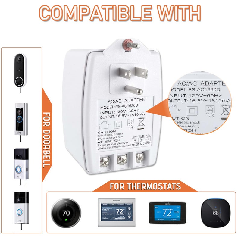 JAMHER 16.5 Volt Doorbell Transformer 16.5VAC 30VA 1810mA Plug in Transformer with PTC Fuse Compatible with Nest Ecobee Sensi and Honeywell Thermostat and All Versions of Ring Doorbell - Image 3
